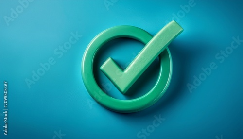 this image shows a green checkmark floating in a clean blue backdrop effectively symbolizing confirmation approval and correctness with a modern and stylish appearance