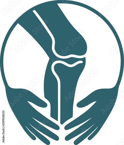 Orthopedic knee joint health logo, human hands supporting leg bone anatomy, physiotherapy and chiropractic care vector icon