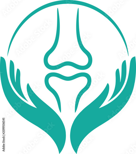 Orthopedic joint health logo, human knee bone icon supported by caring hands, teal medical clinic vector illustration for rheumatology and bone care