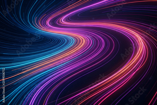 Wavy neon light trails abstract background in purple and blue motion