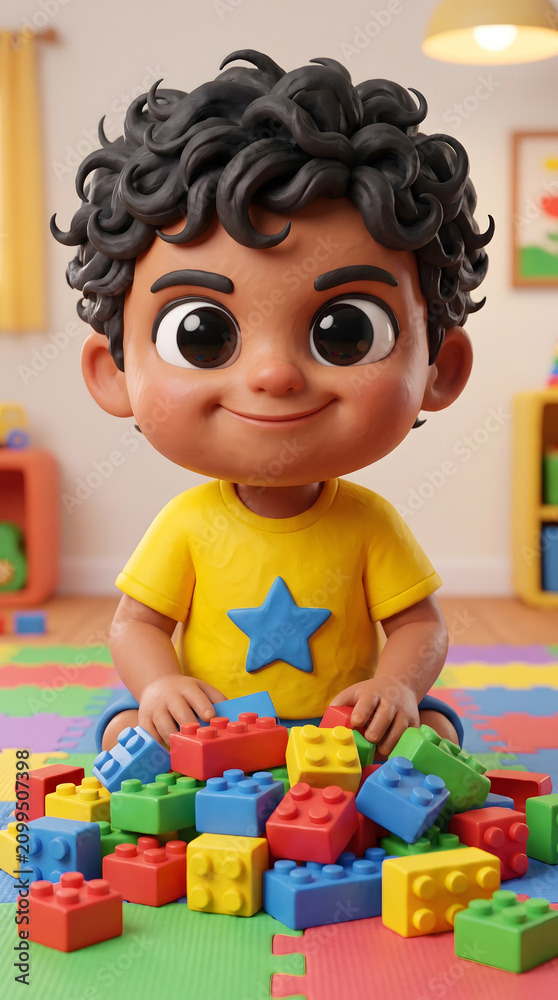 Obraz premium Smiling little boy cartoon character playing happily with colorful building block pile on playroom floor indoor