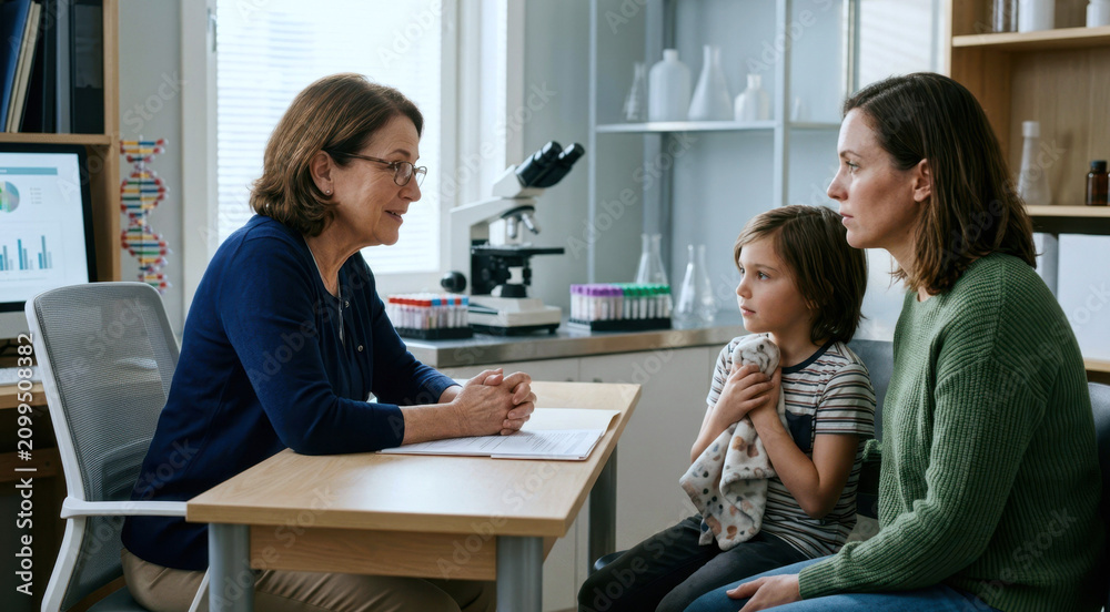 Fototapeta premium Parent and child meeting with a genetic counselor in a biotech clinic beside microscope sample vials and lab glass