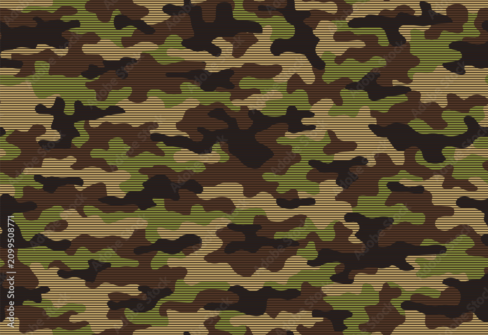 Fototapeta premium Full Seamless classic woodland camouflage background. Bold green and brown patches use a fine horizontal screen, creating a military vector pattern, fabric texture and uniform print.