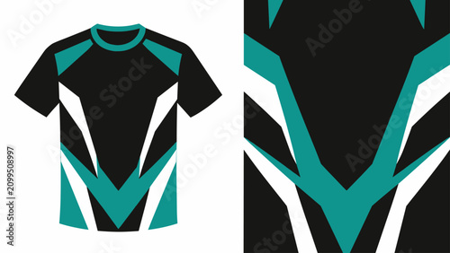 Konstfotografi Geometric teal and black sports jersey with bold white accents in a modern athletic design