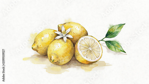 Watercolor of fresh yellow lemons with green leaves isolated on a transparent background
