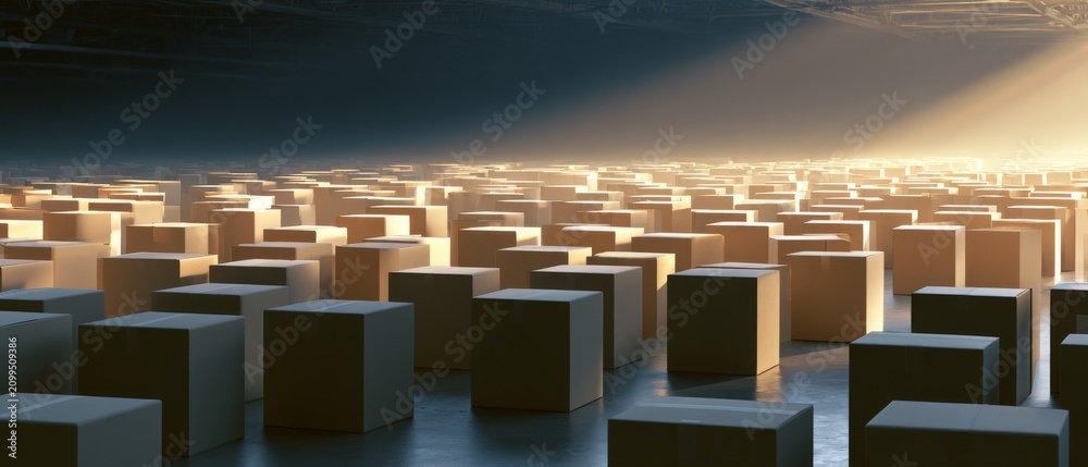 Fototapeta premium Light shines on many boxes in an empty warehouse during early morning hours