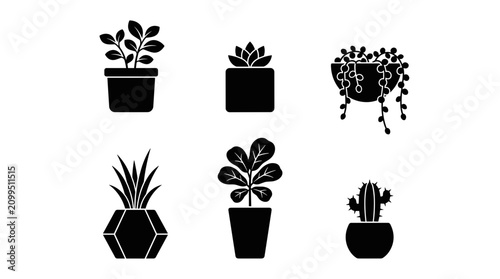 Collection of six potted plant icons in black and white