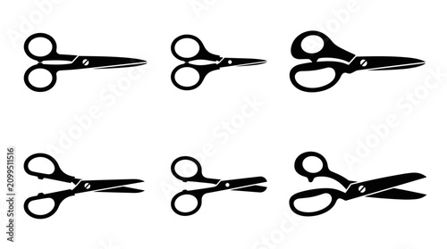 Collection of six black scissors icons on a white background