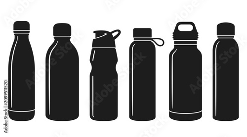 Collection of black silhouette reusable water bottles and containers on white background
