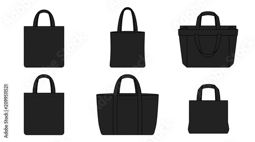 Collection of six black tote bags in various styles and sizes