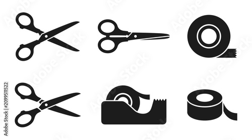 Set of black icons representing scissors and tape dispensers on a white background