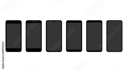Collection of six modern smartphones with dark screens arranged in a row