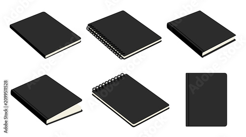 Collection of black notebooks and journals in isometric view on white background