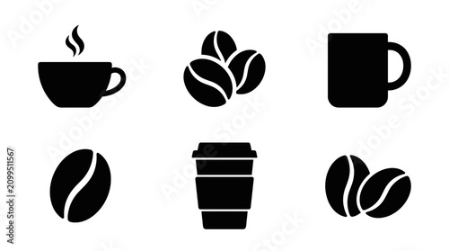 Coffee icons set hot cup coffee beans and takeaway cup