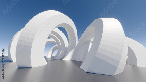 Tableau sur toile 3D render of abstract white spiral arches tunnel under a clear blue sky, perspec