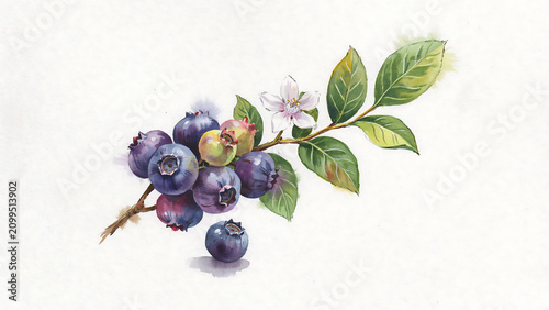 Watercolor of a blueberry branch with berries and flower isolated on a transparent background