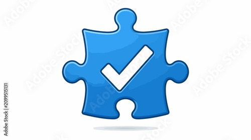Blue puzzle piece with white check mark symbol for success and completion