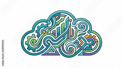 Abstract Cloud Computing Technology Concept with Gears and Data Flow