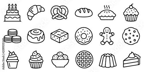 Bild auf Leinwand Sweet dessert and bakery icon set with candy, pastry, cake and ice cream line art symbols vector illustration