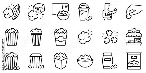 Tableau sur toile Popcorn icon set vector with snack, corn, cinema food and crispy Treat symbols