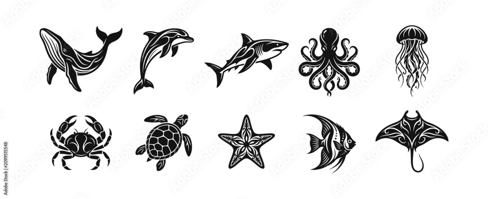 Fototapeta premium Decorative tribal style sea animal icons collection for printing tattoos and logo branding.