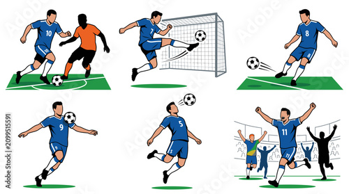 Tableau sur toile Set of vector collection featuring different football player action poses, dribb