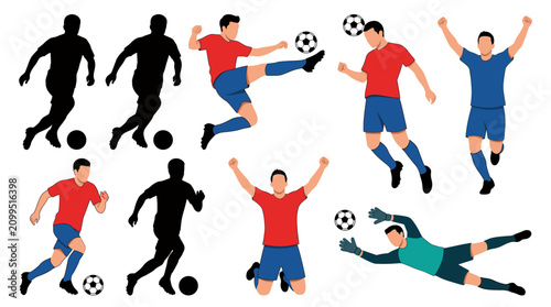 Foto Set of vector collection featuring different football player action poses, dribb