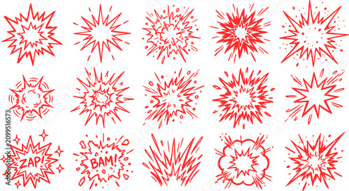 Foto Comic explosion effects set, 15 red hand drawn starburst and blast icons, vintag