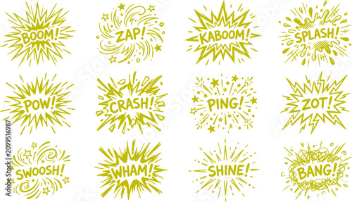 Quadro su tela Comic book sound effects set, 12 yellow onomatopoeia explosion bubbles, retro po