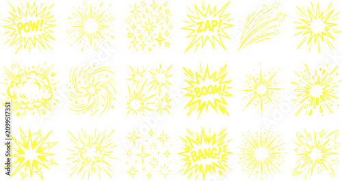 Quadro su tela Comic book explosion set with 18 yellow burst icons, pop art speech bubbles with