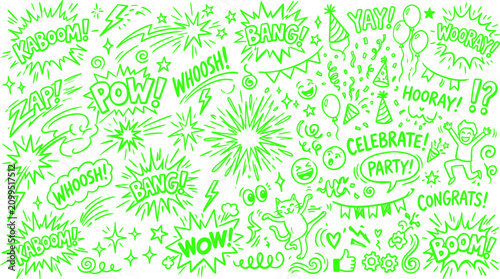 Canvas Print Comic book doodle background with green speech bubbles, pop art explosion elemen