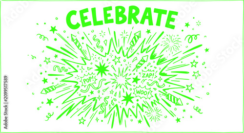 Schilderij op canvas Celebrate text with green firework explosion vector, festive hand drawn party bu