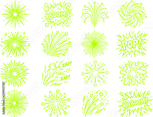 Billede på lærred Neon green fireworks and comic explosion vector set, 16 vibrant firework burst i