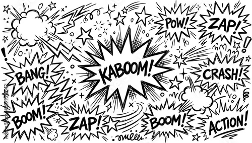 Obraz na płótnie Comic book sound effects doodle, hand drawn pop art speech bubbles with kaboom a