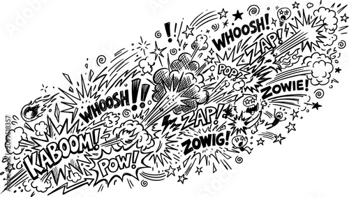 Tableau sur toile Vintage comic book sound effects, black and white pop art explosion vector, retr