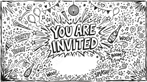 Obraz na płótnie Hand-drawn party invitation vector, You Are Invited text with festive doodle ele