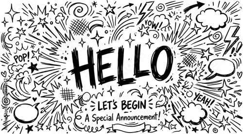 Tableau sur toile Hand-drawn doodle illustration with Hello text, comic book style speech bubbles