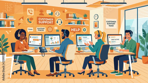 Diverse team working at customer support call center with computers and plants.