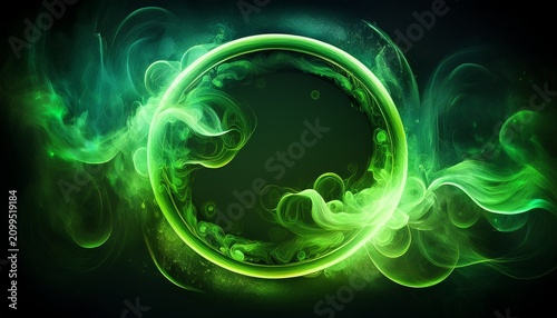neon green abstract circle with smoke on dark background