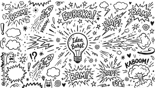 Foto Comic book doodle elements with Idea Burst lightbulb, hand drawn pop art speech