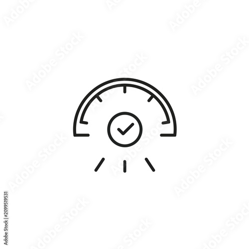 A simple line art illustration of a speedometer with a checkmark in the center.