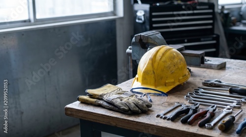 Yellow safety helmet gloves and wrenches on wooden workbench in metal workshop
