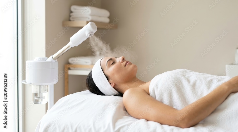 Obraz premium Woman relaxing during a facial steam treatment in a spa. Skincare and wellness therapy