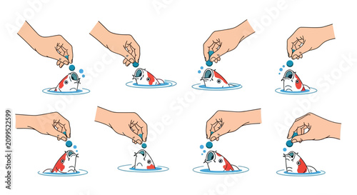 Konstfotografi Set of Illustrations Showing Hands Feeding Koi Fish with Food Pellets