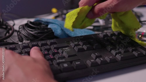 Hands cleaning computer keyboard with brush and microfiber cloth in close-up maintenance shot