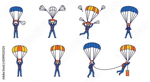 Foto Set of Parachutists and Skydivers in Various Flight Actions