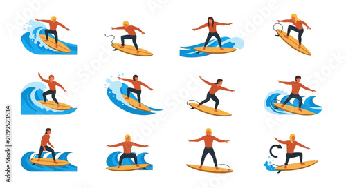 Fotografie Set of Surfer Characters Riding Waves on Surfboards