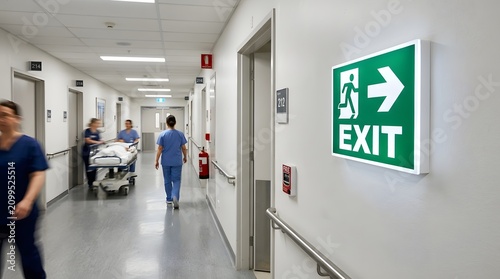 Hospital corridor with glowing green exit sign and medical staff in background hospital corridor emergency healthcare clinical