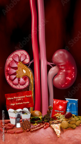 Kidney deterioration associated with unhealthy foods illustrating renal inflammation, impaired filtration, and chronic kidney disease linked to poor dietary habits. 3D Rendering