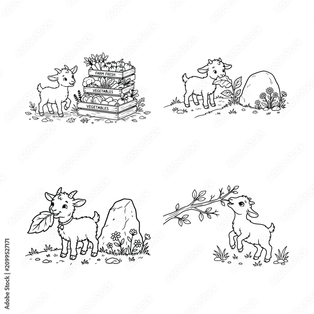 Obraz premium Little goat character collection in farm settings for children coloring book art projects.